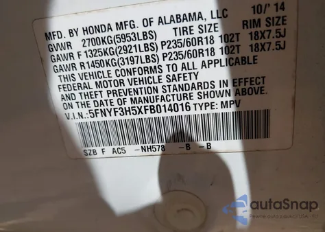 2015 Honda Pilot Ex-L from USA, damaged, VIN 5FNYF3H5XFB014016